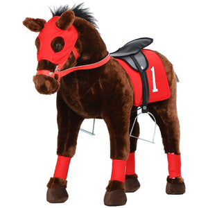 Horse to ride with neighing, saddle and stirrups, brown