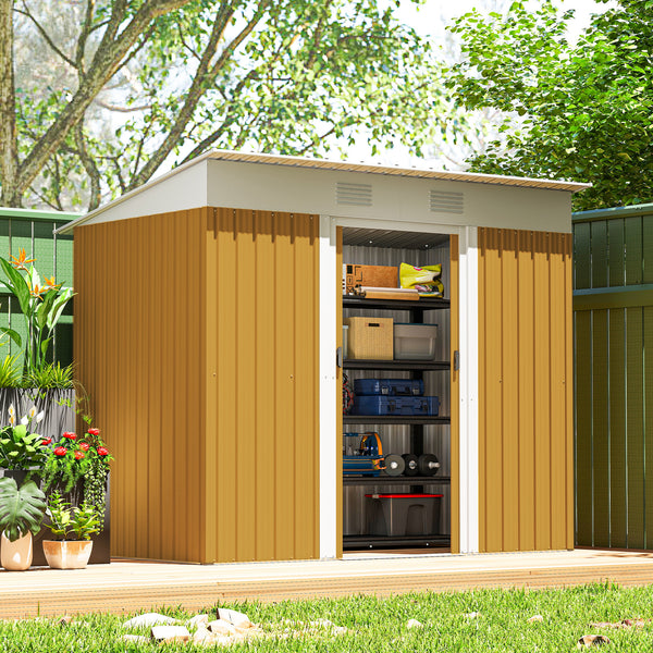 Metal garden shed with lockable sliding doors and ventilation, yellow