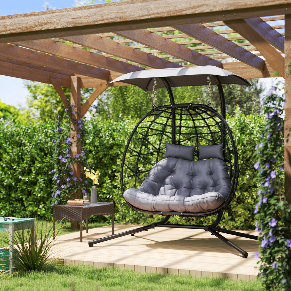 Double wicker swing chair with canopy, foldable and hanging, with headrest and cushion, gray