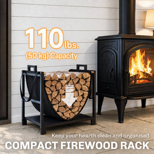 Compact steel firewood rack with carrying bag, black