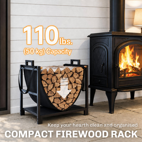 Compact steel firewood rack with carrying bag, black