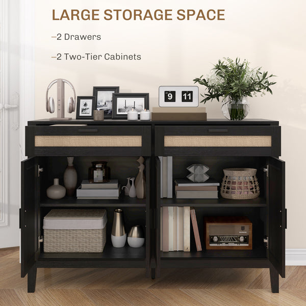 Bohemian style buffet with decorative rattan doors and drawers, black.