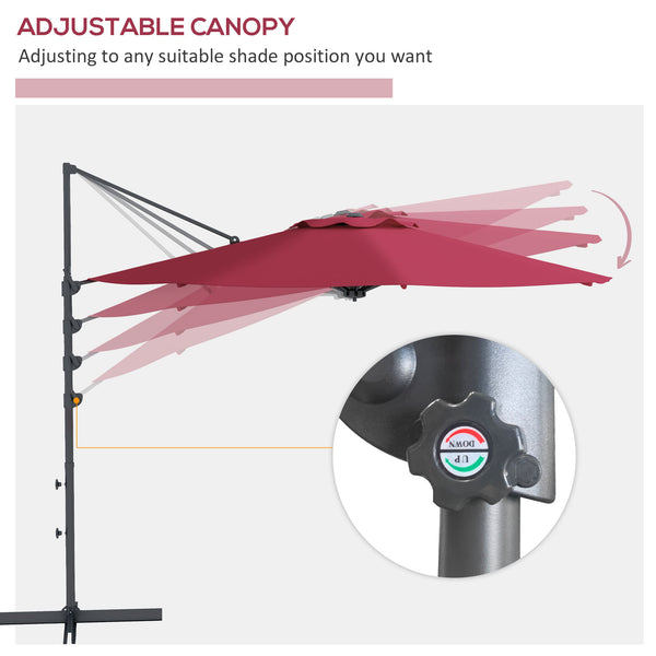 3m hanging aluminum cantilever parasol with 360° rotation, crank, tilt, cross base, red