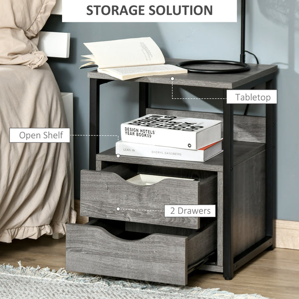 Bedside table with 2 drawers and storage shelf, gray