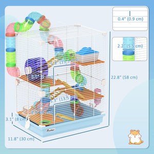 5-Level Portable Hamster Cage with Exercise Wheels, Play Tube, Water Bottle, Bowl, Ladder for Gerbils, Light Blue