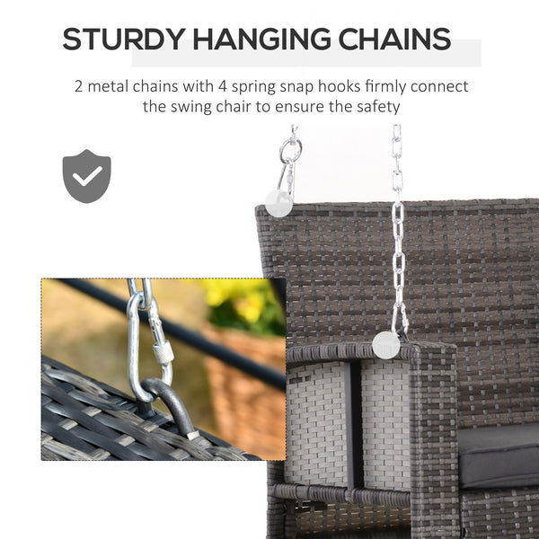 Hanging swing for 2 people in rattan with cushion and steel chains, grey