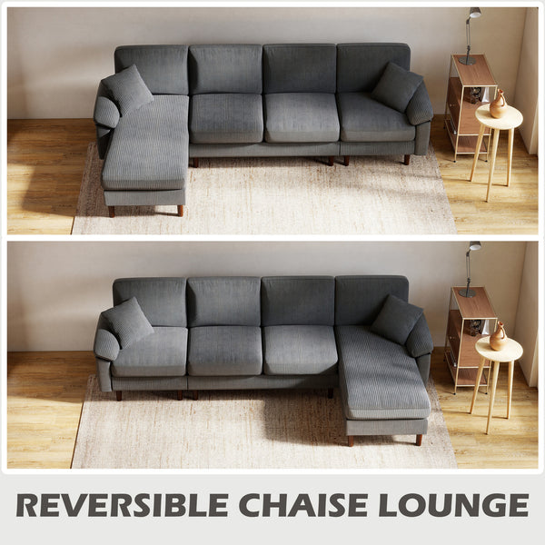 Corner sofa with modular chaise longue, cushions and wooden legs for living room, dark grey
