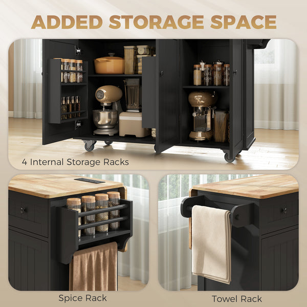 Mobile kitchen island with drop leaf, storage and charging station – Black and oak
