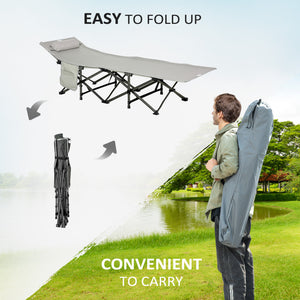 Folding camp bed with mattress and pillow, light grey