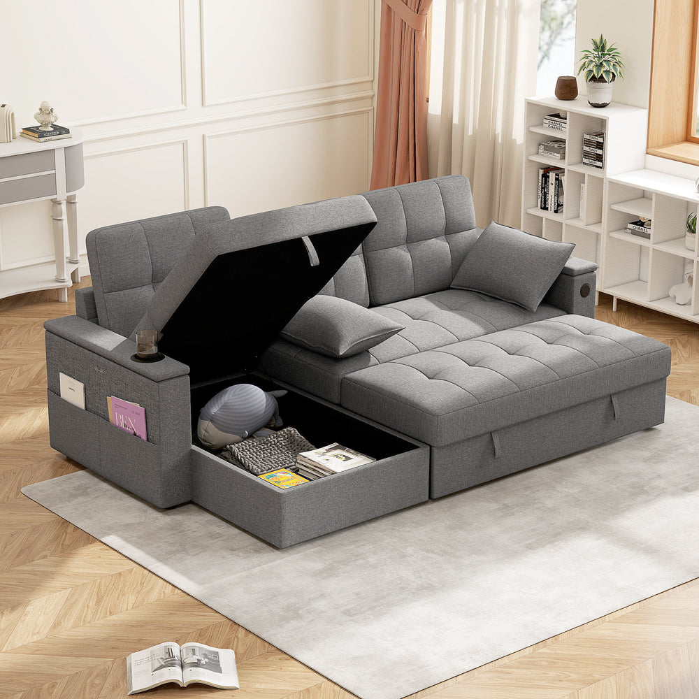 Convertible Sectional Sofa Bed with USB-A+C Port, Gray