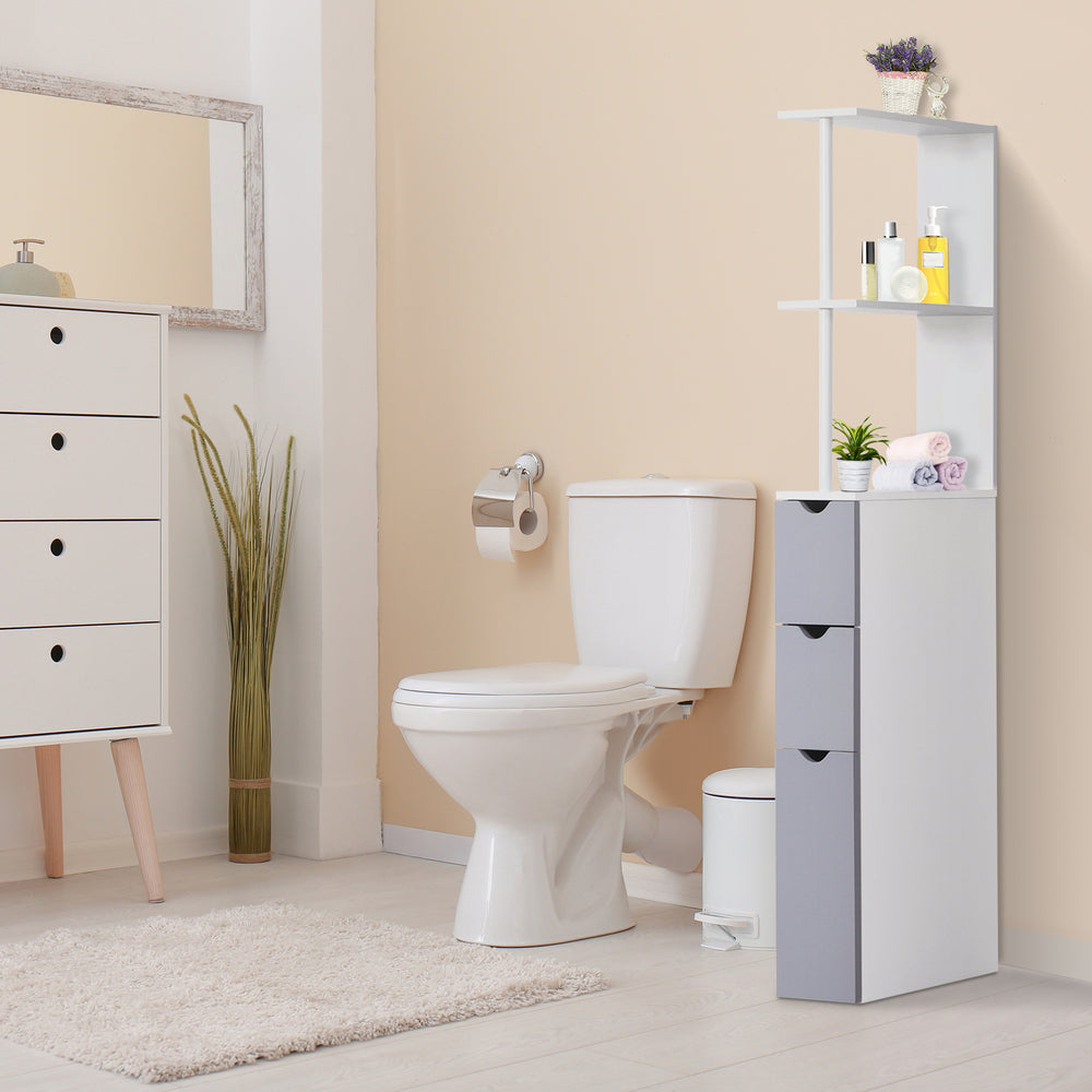 Narrow unit with drawers and open shelves for small spaces, white and grey