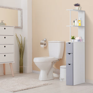 Narrow unit with drawers and open shelves for small spaces, white and grey