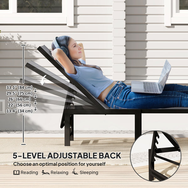 Outdoor Lounge Chair Set of 2, 5-Position Reclining Outdoor Chaise Lounge Tanning Chair with Mesh Seat, Grey