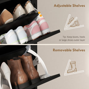 Shoe cabinet with 2 tilt-out drawers, country style, narrow, holds up to 16 pairs, black