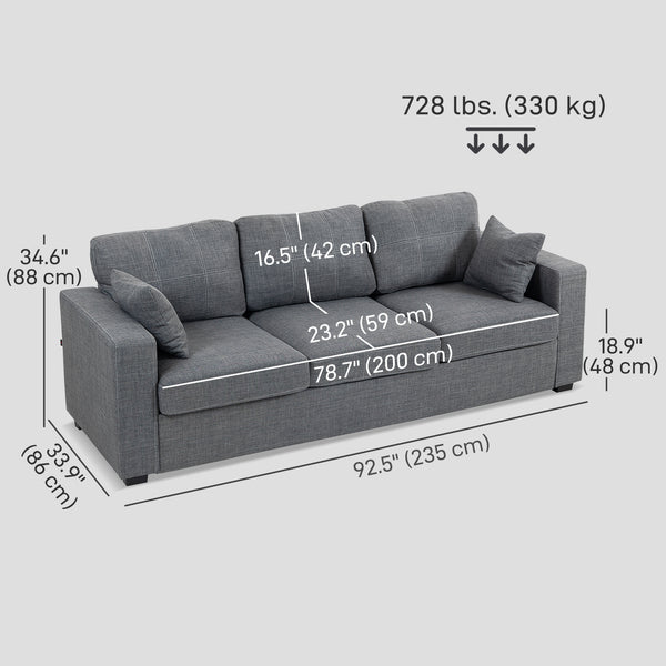 Upholstered 3-seater sofa with thick spring cushions and deep seating, dark grey
