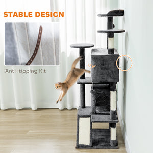 63" Cat Tree, Multi-Level Cat Tower with Scratching Posts, Cat Condos, Bed, Platforms, Ramp, Toy Ball, Dark Gray