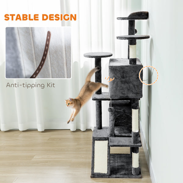 63" Cat Tree, Multi-Level Cat Tower with Scratching Posts, Cat Condos, Bed, Platforms, Ramp, Toy Ball, Dark Gray
