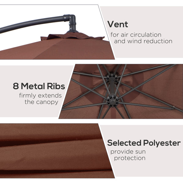 Parasol de terrasse Deluxe 3 m déporté suspendu avec manivelle, base en croix, couleur café