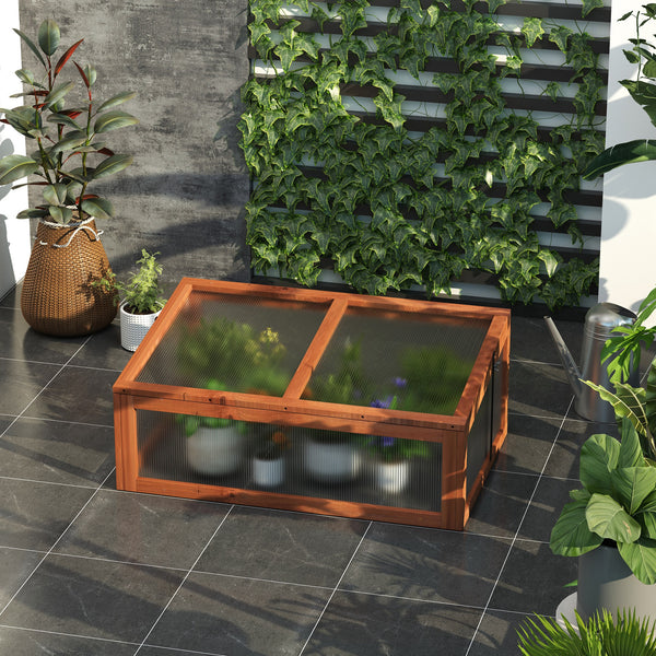 Wooden cold frame with hinged and tilting lid, brown