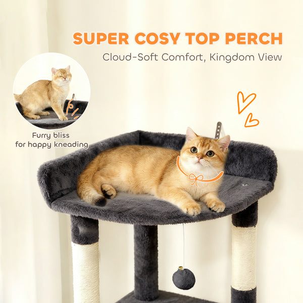 Cat tree with 7 scratching posts, tunnel, 2 hideaways, hammock, perch, ramp, pom-poms, dark grey