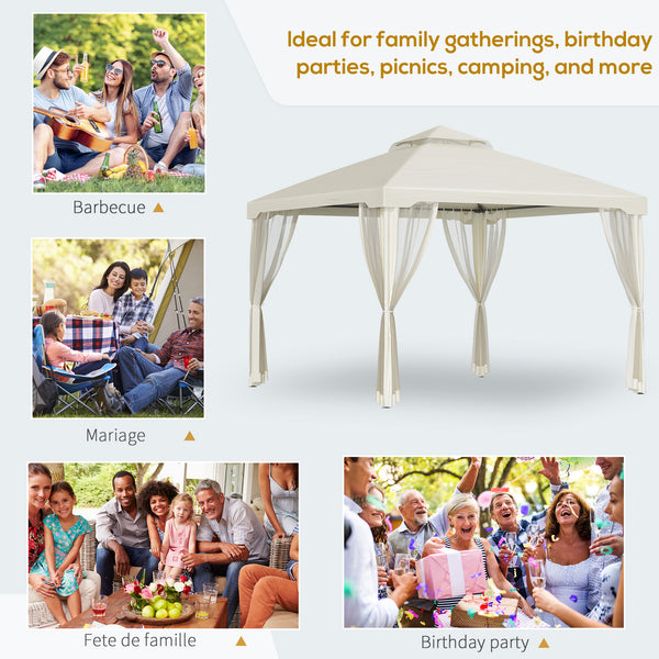 10' x 10' Patio Gazebo Outdoor Pavilion 2 Tire Roof Canopy Shelter Garden Event Party Tent Yard Sun Shade Steel Frame w/ Mosquito Netting Cream White
