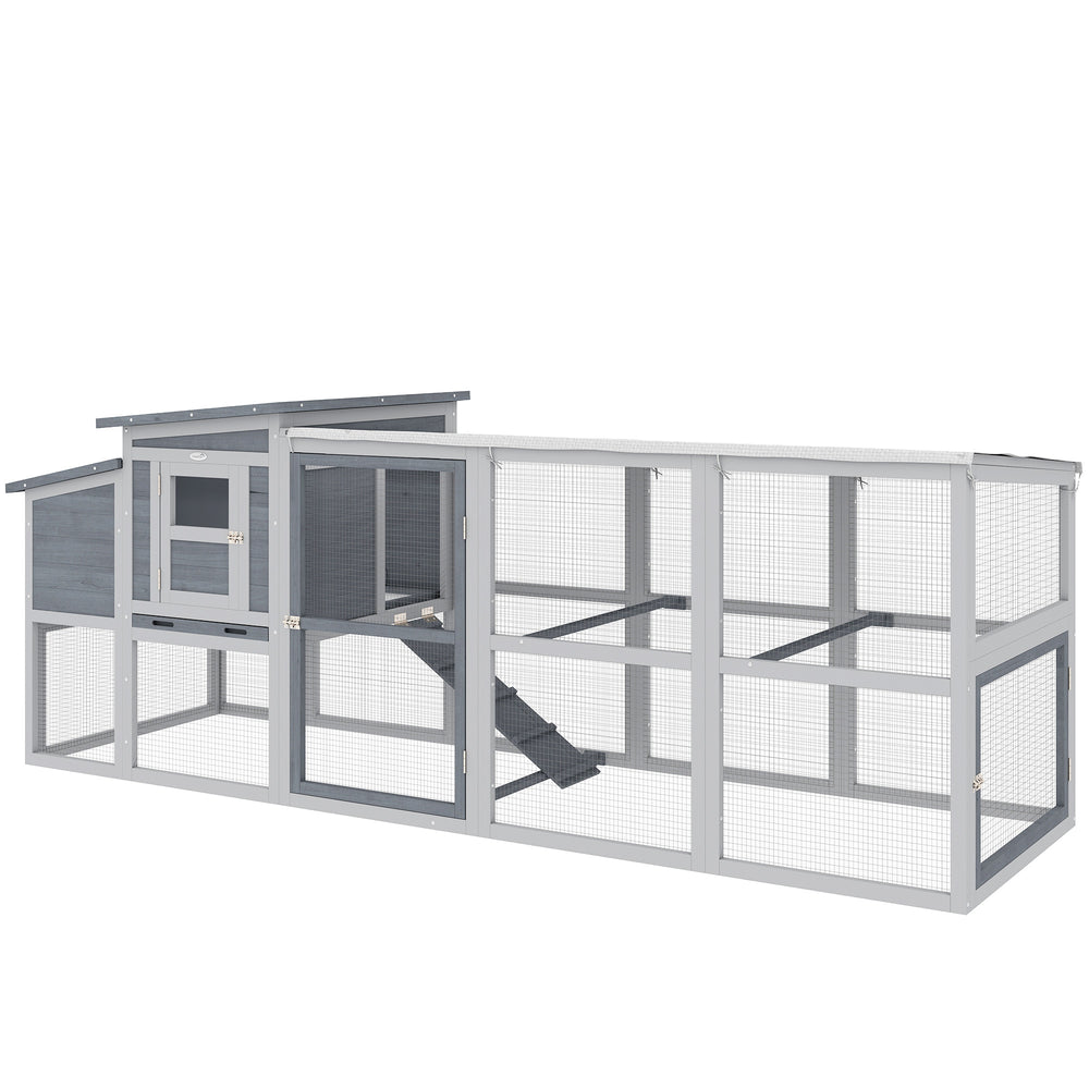 Large wooden chicken coop with covered run, nesting box, removable tray, and asphalt roof