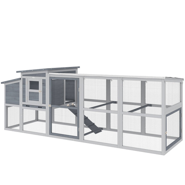 Large wooden chicken coop with covered run, nesting box, removable tray, and asphalt roof