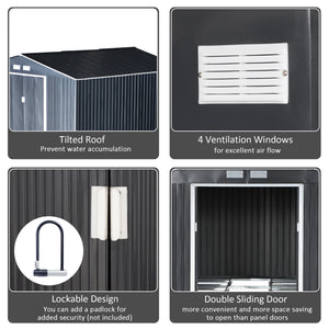 Garden shed with 4 ventilation slots and double sliding door, grey