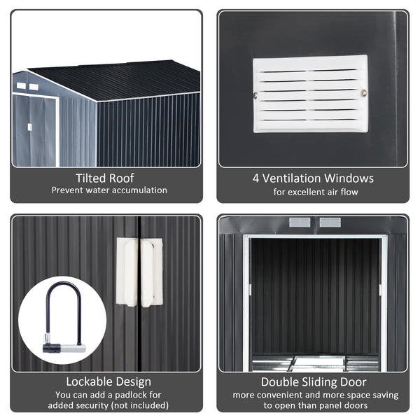 Garden shed with 4 ventilation slots and double sliding door, grey