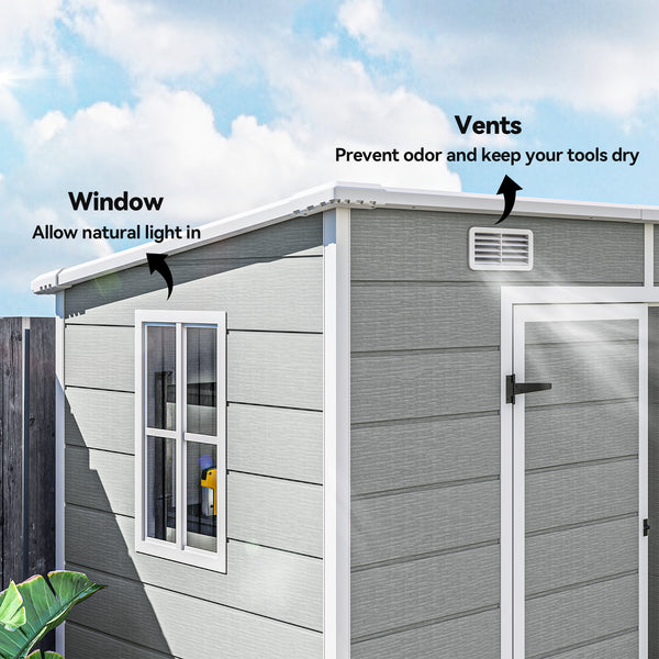 Resin garden shed with floor, window, lockable doors and ventilation, light grey