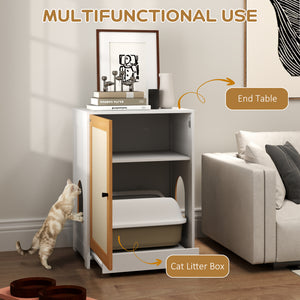 Litter box cabinet with sliding drawer, oak color.