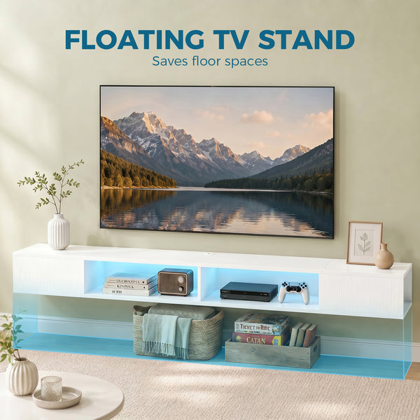 70" Wall-Mounted Floating TV Stand with RGB LED Lighting and 4 Compartments – Wood-Effect White
