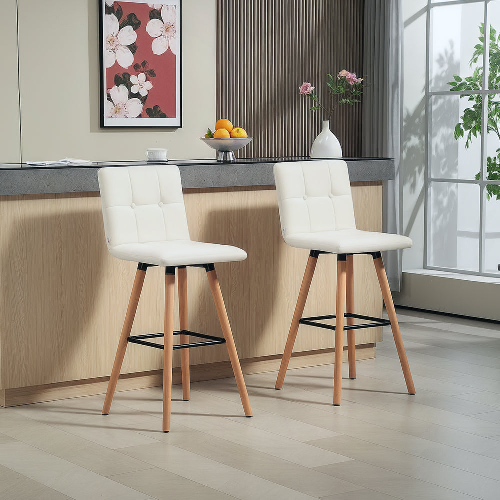 Set of 2 padded bar stools with solid wood legs, white