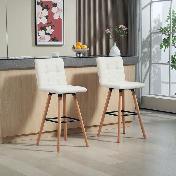 Set of 2 padded bar stools with solid wood legs, white