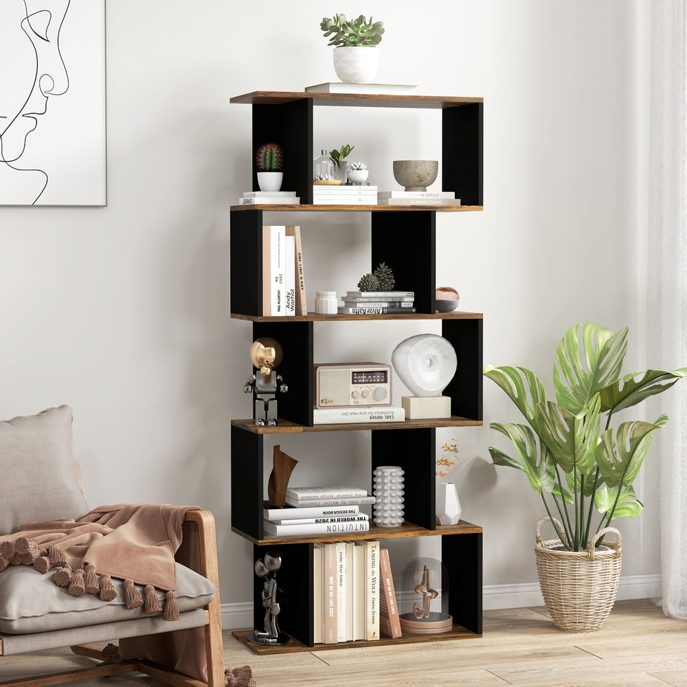 Geometric S-shaped bookcase, tall and narrow shelf for living room or office, rustic brown