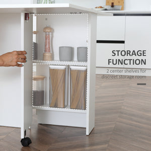 Extendable dining table with 2-tier shelves and casters, white