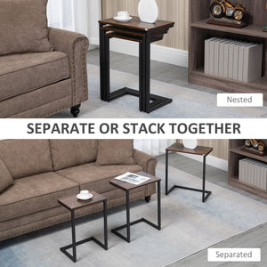 Set of 3 C-Shaped Nesting Side Tables with Steel Frame, Rustic Brown