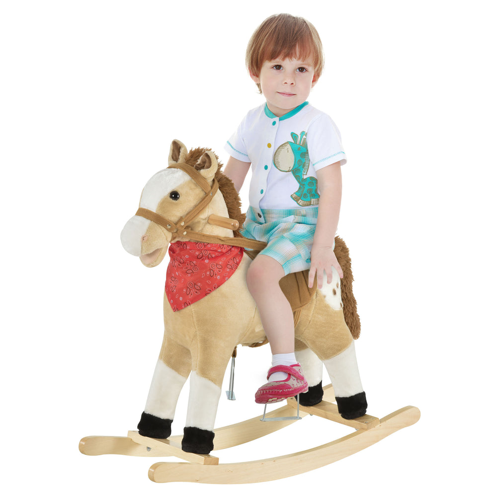 Cowboy Style Plush Rocking Horse with Realistic and Fun Sounds, Beige