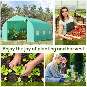 Garden tunnel greenhouse with roll-up door and 6 screened windows, steel frame, green