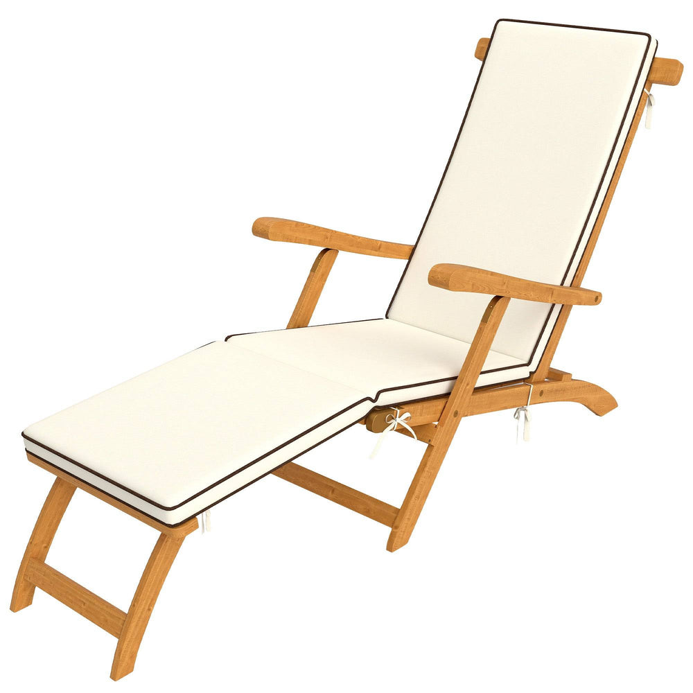 Folding Sun Lounger with Padded Cushion, Acacia Wood Recliner with Footrest for Garden, White