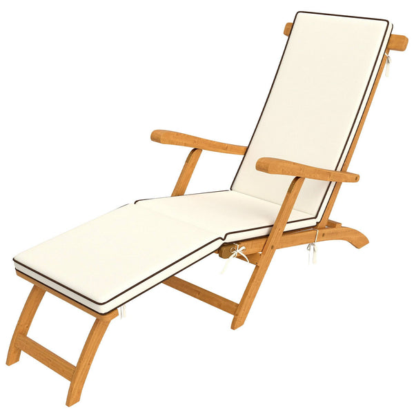 Folding Sun Lounger with Padded Cushion, Acacia Wood Recliner with Footrest for Garden, White