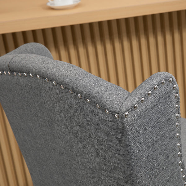 Set of 2 padded bar stools with studded backrest and footrest, grey