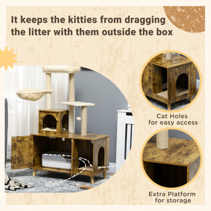 Litter box furniture with cat tree tower, rustic brown