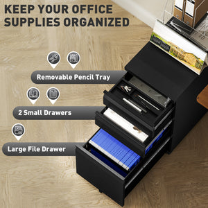 3 Drawer Filing Cabinet with Lock, Steel Office Storage Cabinet with Hanging Bar for A4, Legal and Letter Files, Black