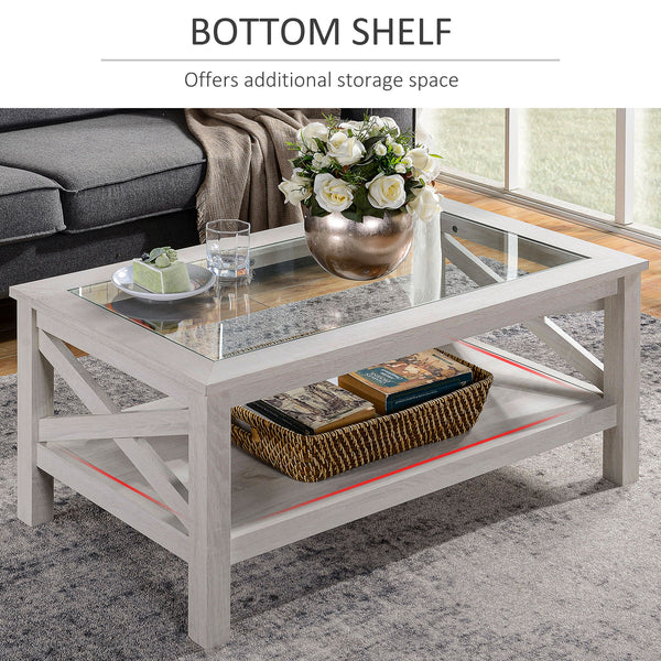 Farmhouse Style Coffee Table with Tempered Glass Top, White Oak