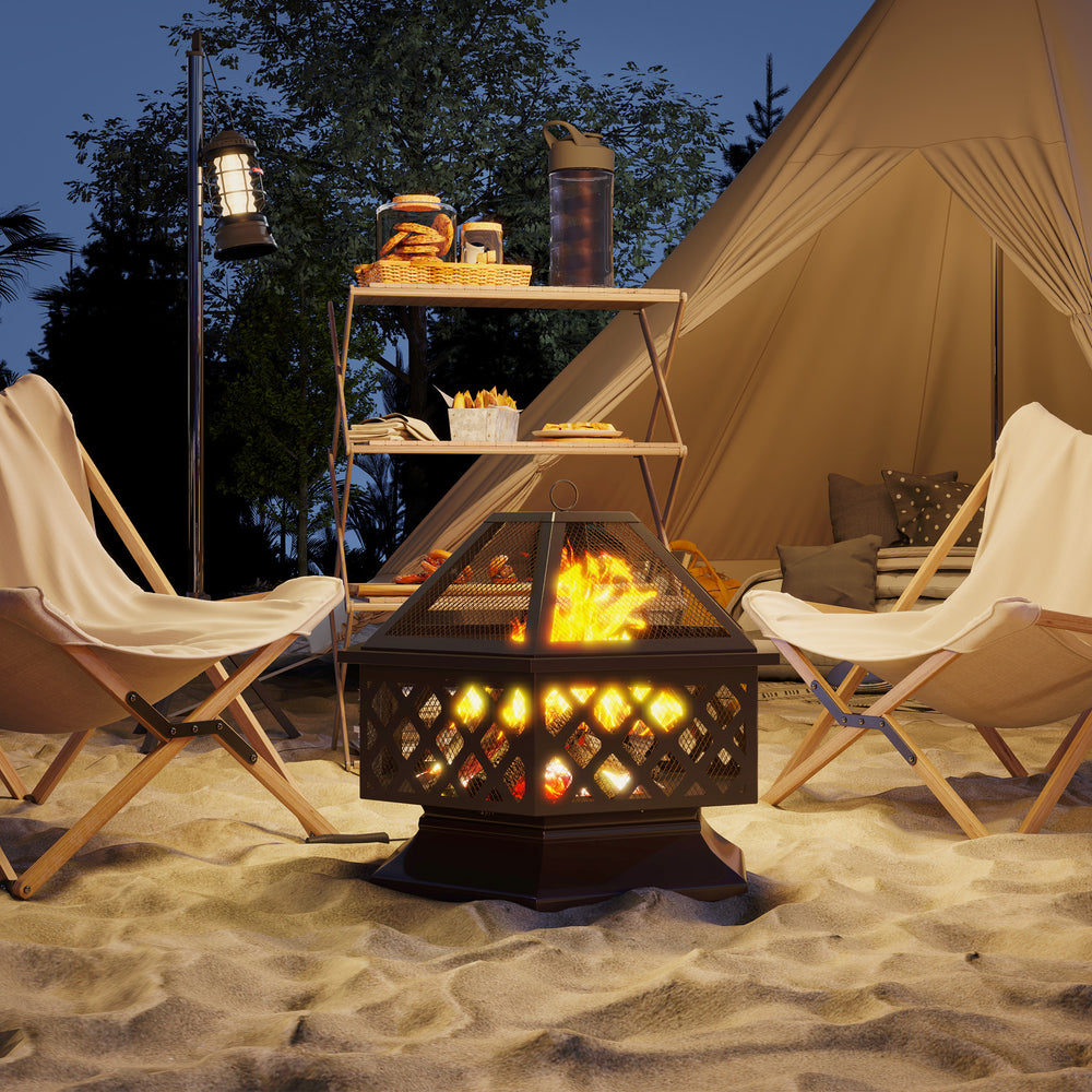 28" Wood-Burning Outdoor Fire Pit with BBQ, Spark Screen, and Poker