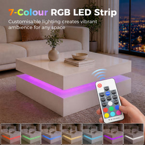 LED Coffee Table with 2-Tier Storage with Open Shelf and Remote Control for Living Room, High Gloss White
