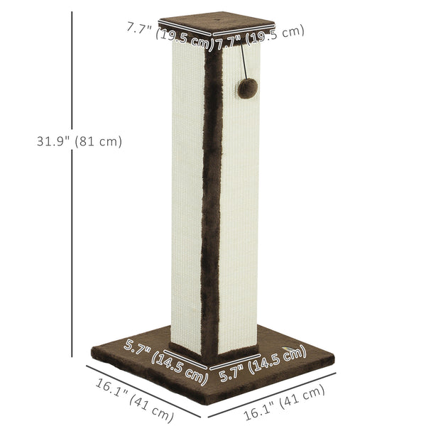 81cm High Cat Tree, Scratching Post with Hanging Ball and Soft Plush, Brown