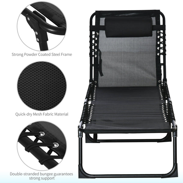 Chaise longue pliante d'extérieur, réglable sur 4 positions avec appui-tête, noire.