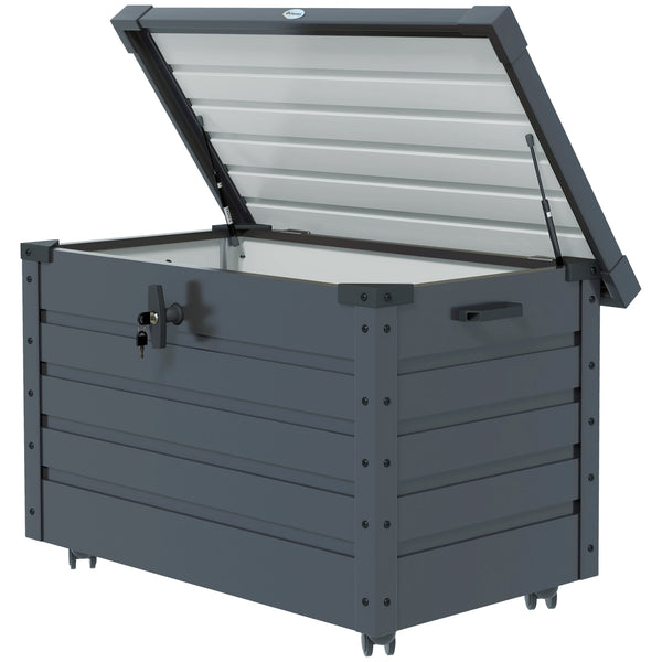 Waterproof garden storage box with wheels and handles, dark grey